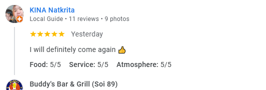 4-Star review of Buddy’s Bar & Grill Bangkok Soi 89 March 2024