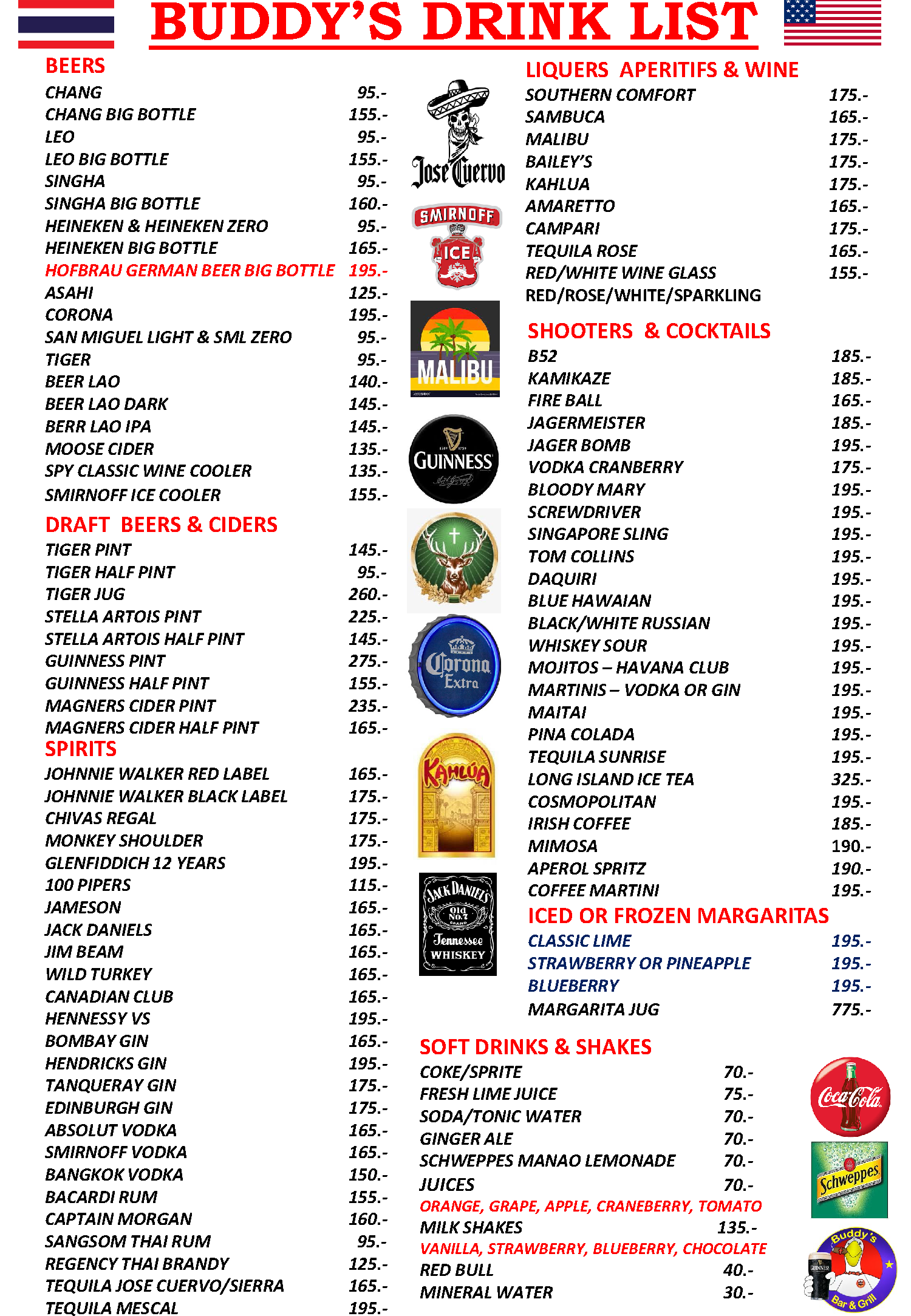Buddy's Bar & Grill Bangkok -Drinks Menu - Silom