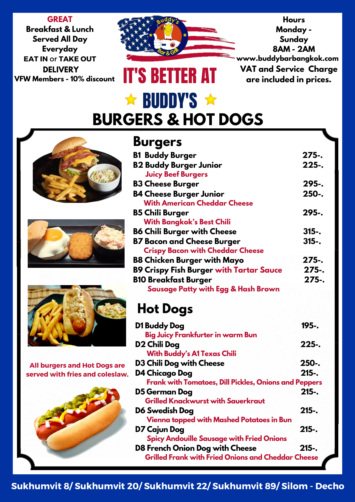 Buddy's Bar & Grill Bangkok - Food and Drinks Menu 1 - Burgers and Hot Dogs