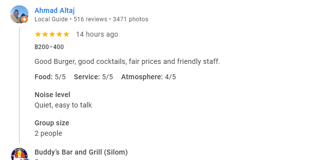 Another 5-star review from a customer at Buddy's Bar & Grill Bangkok Silom, March 2026