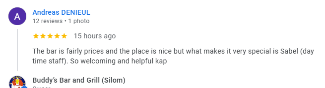 Another 5-star review from a customer at Buddy's Bar & Grill Bangkok Silom, March 2026