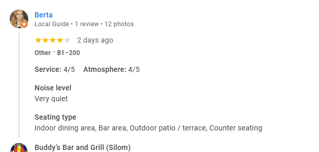 Another 4-star review from a customer at Buddy's Bar & Grill Bangkok Silom, March 2026