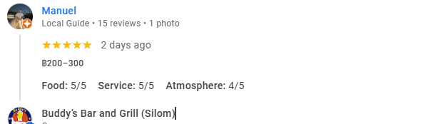 Another 5-star review from a customer at Buddy's Bar & Grill Bangkok Silom, February 2026