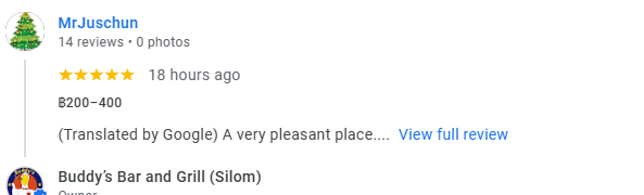 A 5-star review from a customer at Buddy's Bar & Grill Bangkok Silom, March 2026