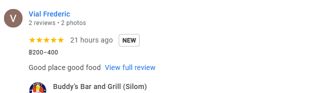 Another 5-star review from a customer at Buddy's Bar & Grill Bangkok Silom, March 2026