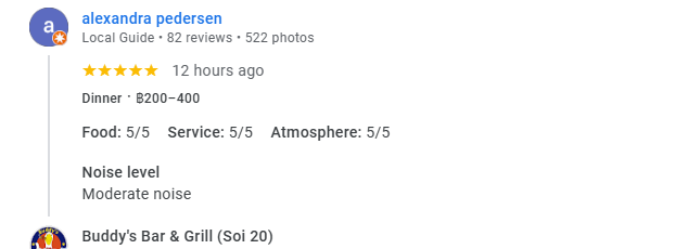 Another 5-star review from a customer at Buddy's Bar & Grill Bangkok Soi 20, February 2026