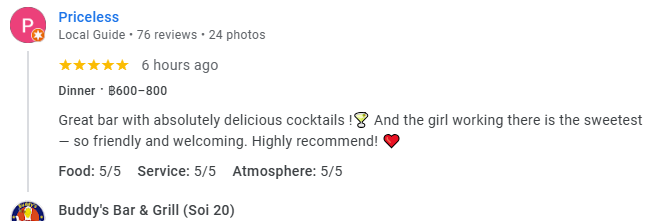 A 5-star review from a customer at Buddy's Bar & Grill Bangkok Soi 20, March 2026