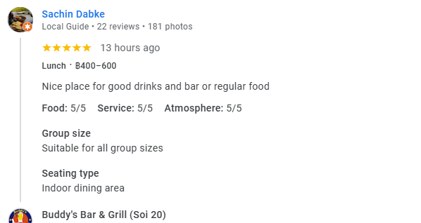 Another 5-star review from a customer at Buddy's Bar & Grill Bangkok Soi 20, February 2026