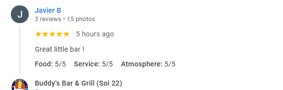 Another 5-star review from a customer at Buddy's Bar & Grill Bangkok Soi 22, February 2026