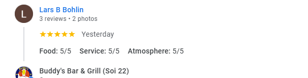Another 5-star review from a customer at Buddy's Bar & Grill Bangkok Soi 22, March 2026