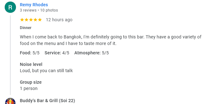 Another 5-star review from a customer at Buddy's Bar & Grill Bangkok Soi 22, March 2026