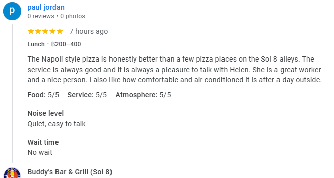 Another 5-star review from a customer at Buddy's Bar & Grill Bangkok Soi 8, March 2026