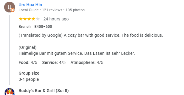Another 4-star review from a customer at Buddy's Bar & Grill Bangkok Soi 8, March 2026