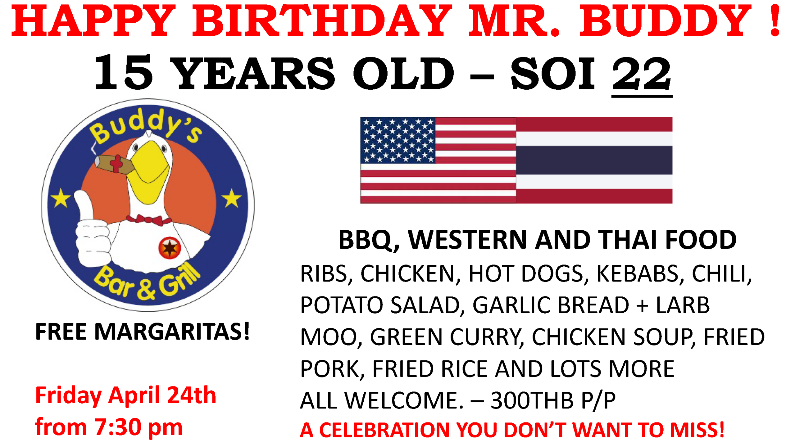 🔥🎉 **BIG CELEBRATION ALERT!** 🎉🔥 Join us this **Friday, April 24th** as we celebrate **Buddy’s Soi 22 15th Anniversary!** 🥳🍻 ⏰ **From 7:30 PM**