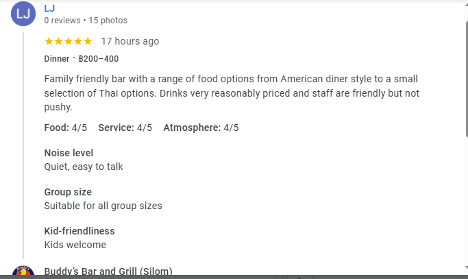 Another 5-star review from a customer at Buddy's Bar & Grill Bangkok Silom, April 2026