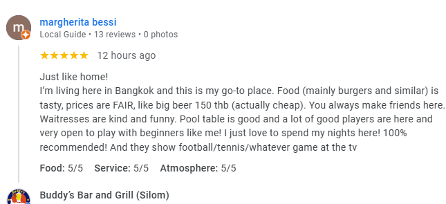 Another 5-star review from a customer at Buddy's Bar & Grill Bangkok Silom, March 2026