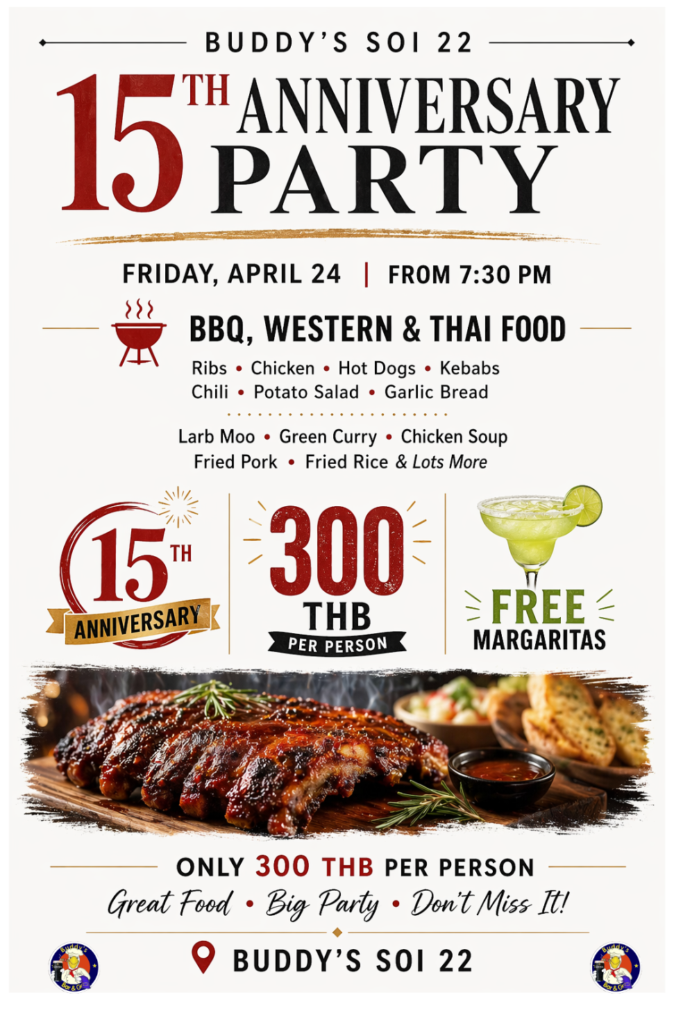 🔥🎉 **BIG CELEBRATION ALERT!** 🎉🔥 Join us this **Friday, April 24th** as we celebrate **Buddy’s Soi 22 15th Anniversary!** 🥳🍻