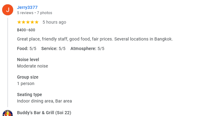 A 5-star review from a customer at Buddy's Bar & Grill Bangkok Soi 22, April 2026