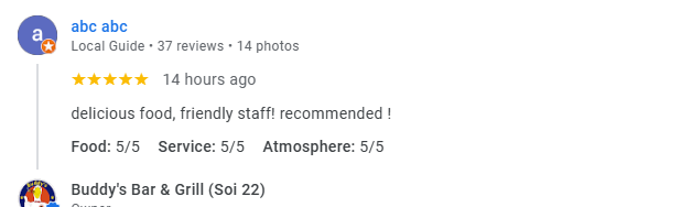 Another 5-star review from a customer at Buddy's Bar & Grill Bangkok Soi 22, April 2026
