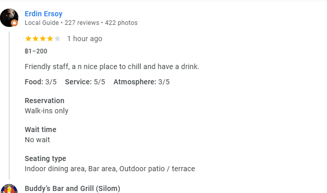Another 4-star review from a customer at Buddy's Bar & Grill Bangkok Silom, May 2026