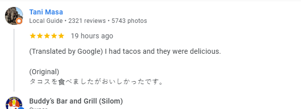 Another 5-star review from a customer at Buddy's Bar & Grill Bangkok Silom, May 2026