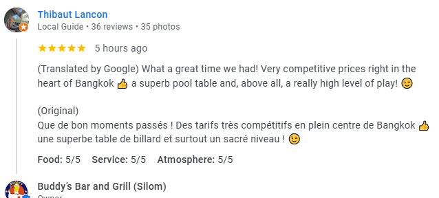 Another 5-star review from a customer at Buddy's Bar & Grill Bangkok Silom, May 2026