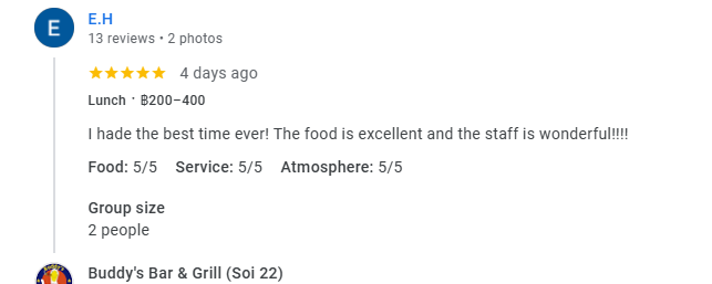 Another 5-star review from a customer at Buddy's Bar & Grill Bangkok Soi 22, May 2026