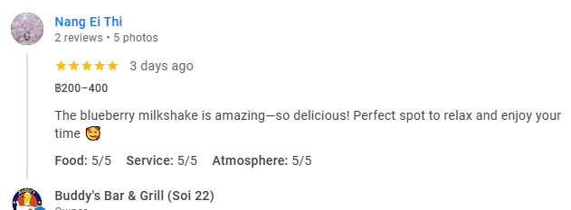 Another 5-star review from a customer at Buddy's Bar & Grill Bangkok Soi 22, May 2026