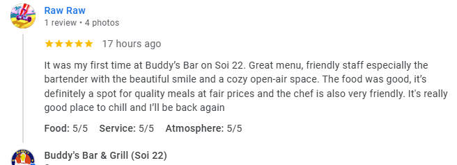 Another 5-star review from a customer at Buddy's Bar & Grill Bangkok Soi 22, May 2026