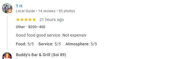 Another 5-star review from a customer at Buddy's Bar & Grill Bangkok Soi 22, May 2026
