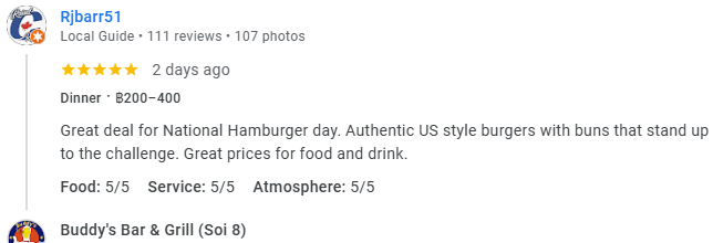 Another 5-star review from a customer at Buddy's Bar & Grill Bangkok Soi 8, May 2026