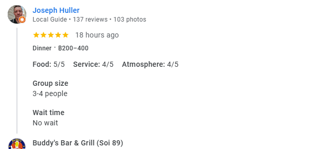 4-Star review of Buddy’s Bar & Grill Bangkok Soi 89 March 2024