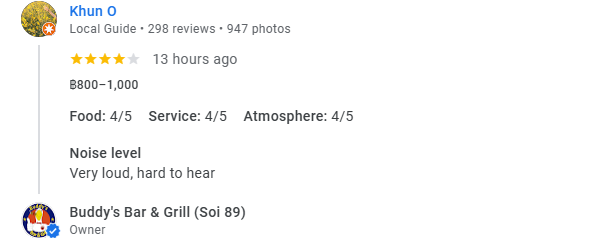 4-Star review of Buddy’s Bar & Grill Bangkok Soi 89 March 2024