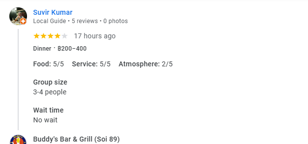 4-Star review of Buddy’s Bar & Grill Bangkok Soi 89 March 2024