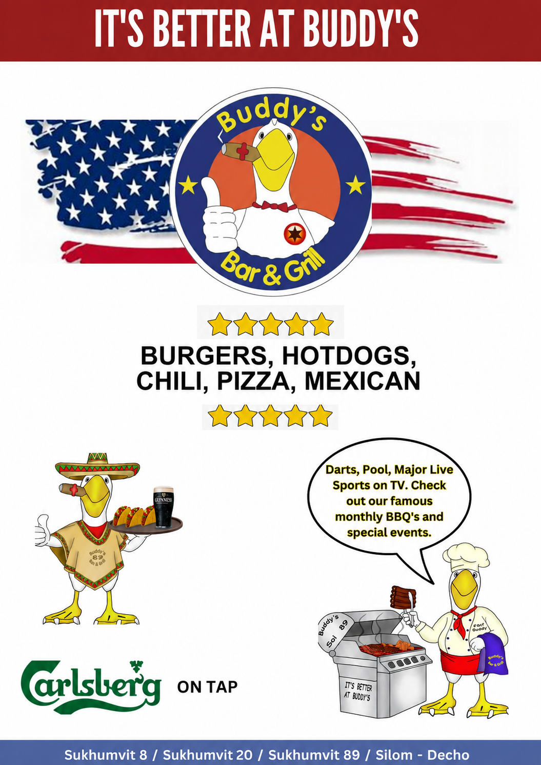 Buddy's Bar & Grill. 4 locations in Bangkok, Thailand