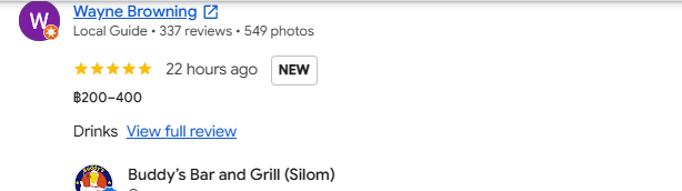 Another 5-star review from a customer at Buddy's Bar & Grill Bangkok Silom, July 2026
