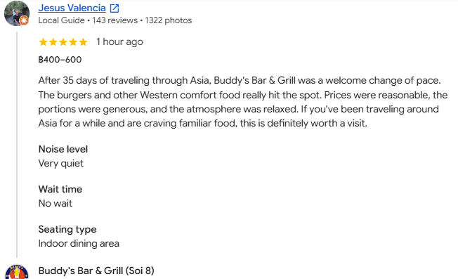 Another 5-star review from a customer at Buddy's Bar & Grill Bangkok Soi 8, July 2026