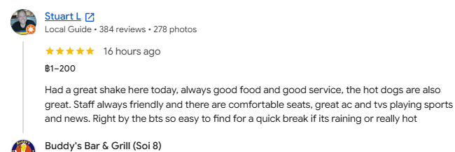 Another 5-star review from a customer at Buddy's Bar & Grill Bangkok Soi 8, July 2026
