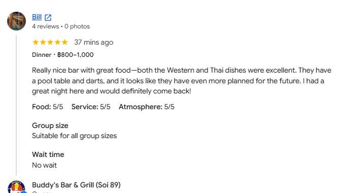 4-Star review of Buddy’s Bar & Grill Bangkok Soi 89 March 2024