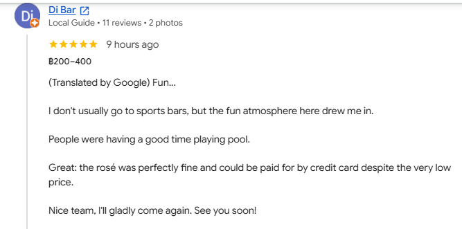 A 5-star review from a customer at Buddy's Bar & Grill Bangkok Silom, August 2026