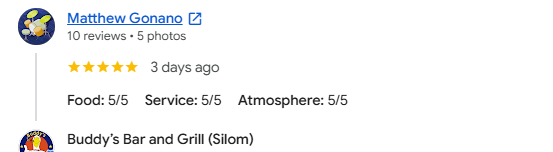 Another 4-star review from a customer at Buddy's Bar & Grill Bangkok Silom, July 2026