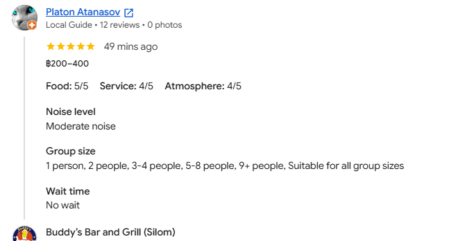 Another 5-star review from a customer at Buddy's Bar & Grill Bangkok Silom, August 2026