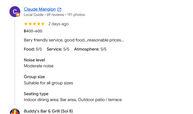 Another 5-star review from a customer at Buddy's Bar & Grill Bangkok Soi 8, July 2026