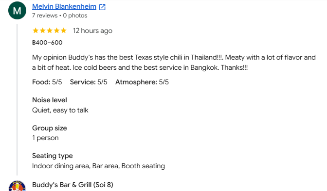 Another 5-star review from a customer at Buddy's Bar & Grill Bangkok Soi 8, August 2026