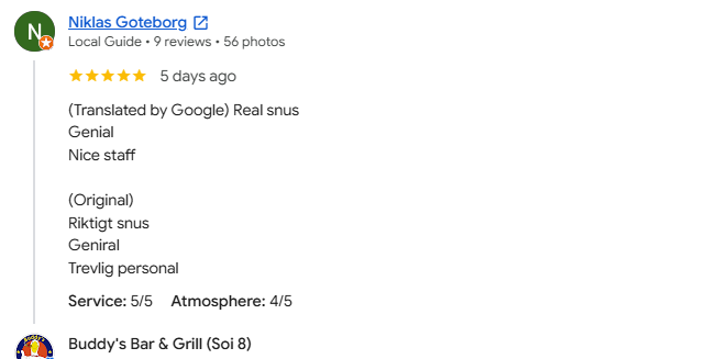 Another 5-star review from a customer at Buddy's Bar & Grill Bangkok Soi 8, July 2026Another 5-star review from a customer at Buddy's Bar & Grill Bangkok Soi 8, August 2026
