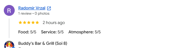 Another 5-star review from a customer at Buddy's Bar & Grill Bangkok Soi 8, August 2026