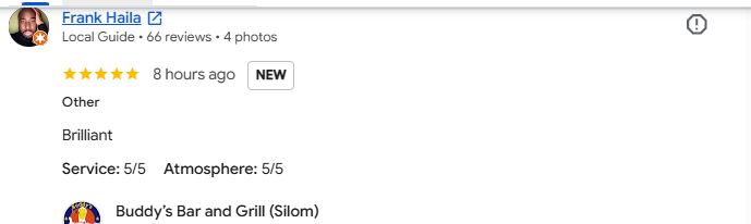 A 5-star review from a customer at Buddy's Bar & Grill Bangkok Silom, September 2026