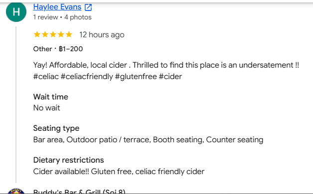 Another 5-star review from a customer at Buddy's Bar & Grill Bangkok Soi 8, September 2026