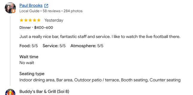 Another 5-star review from a customer at Buddy's Bar & Grill Bangkok Soi 8, September 2026