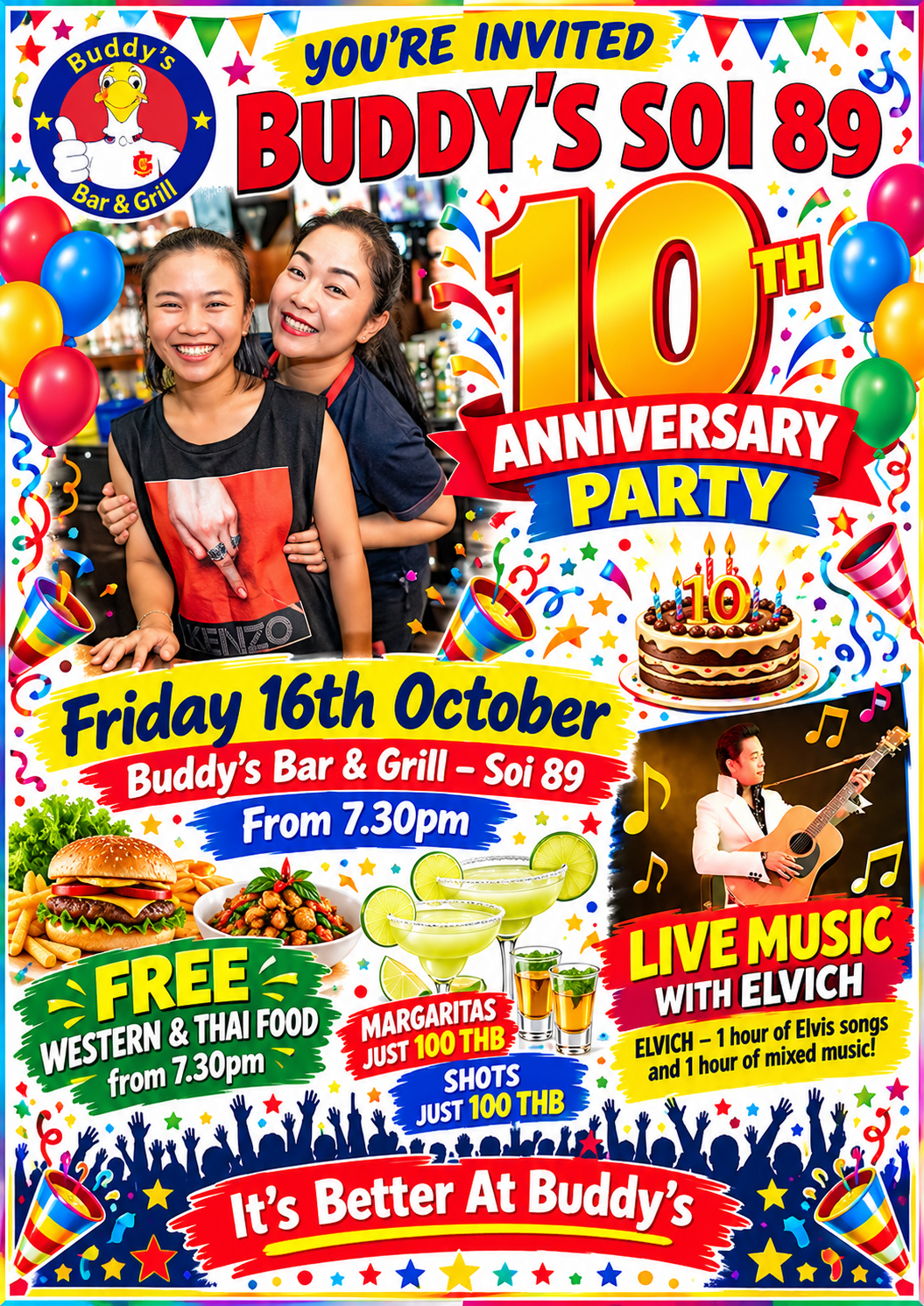 🎉🍻 **YOU’RE INVITED — BUDDY’S SOI 89 TURNS 10!** **Friday 16th October** 📍 **Buddy’s Bar & Grill – Soi 89** ⏰ **From 7.30pm**